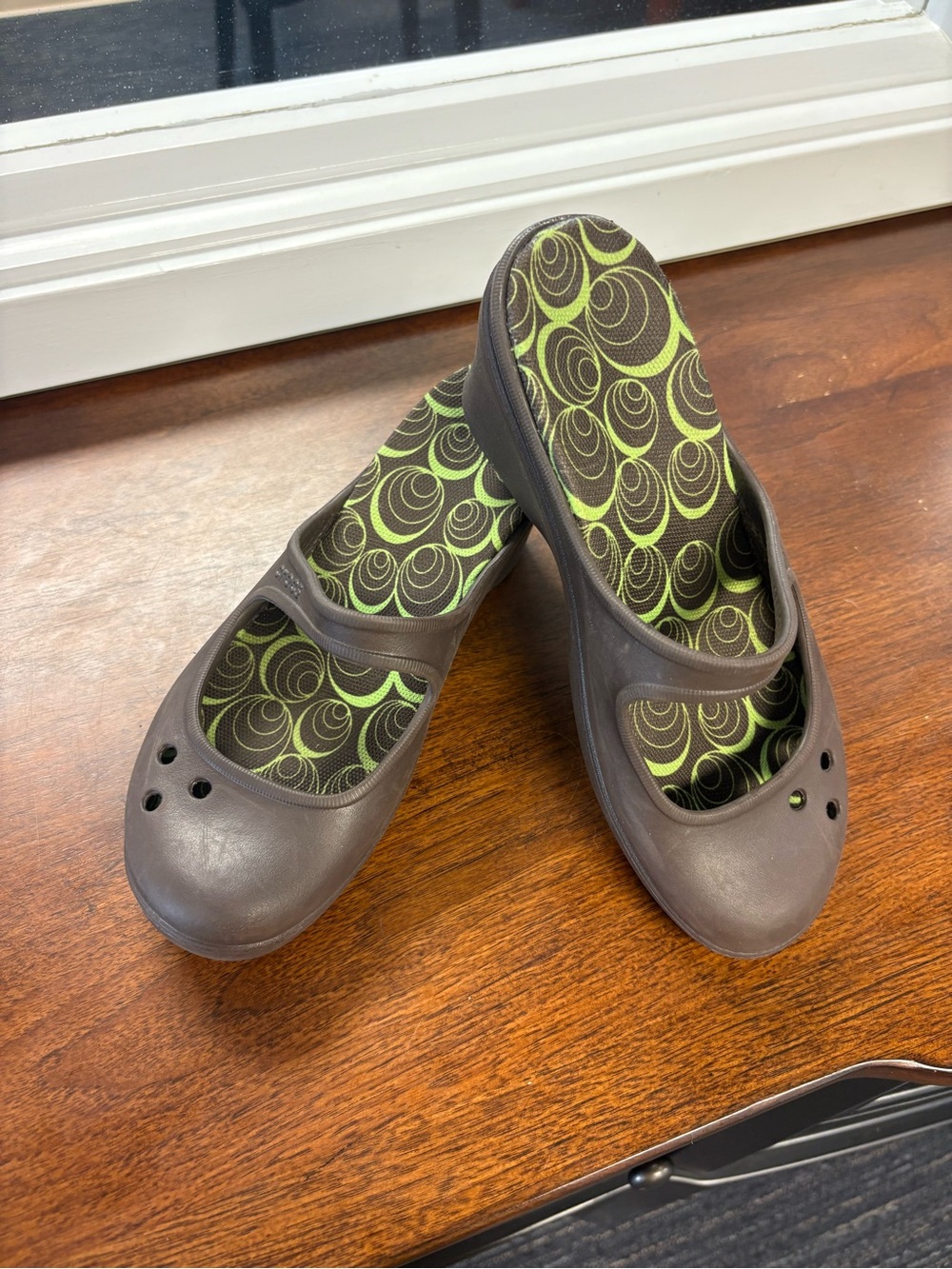 Women's Brown Slip-On Mary Jane Flats with Green Patterned Insole
